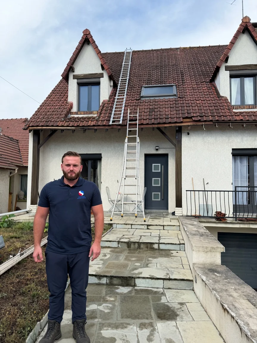 Kenny Simonard, artisan couvreur, devant un pavillon en chantier — M. Simonard, couvreur à Villeneuve-Saint-Georges