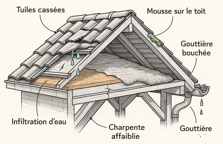 Un graphique pour illustrer les gros problèmes que l'on peut rencontrer sur une toiture de la tuile cassée, à la présence de mousse et gouttières bouchées. L'infiltration d'eau, les gouttières abîmées, l'charpentes affaibli par Monsieur Simonard dans le Val-de-Marne.
